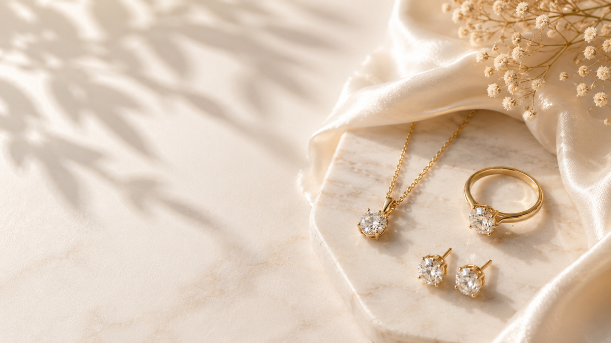 Gold-tone pendant necklace, ring and stud earrings with clear stones on cream silk and marble, beside dried baby's breath