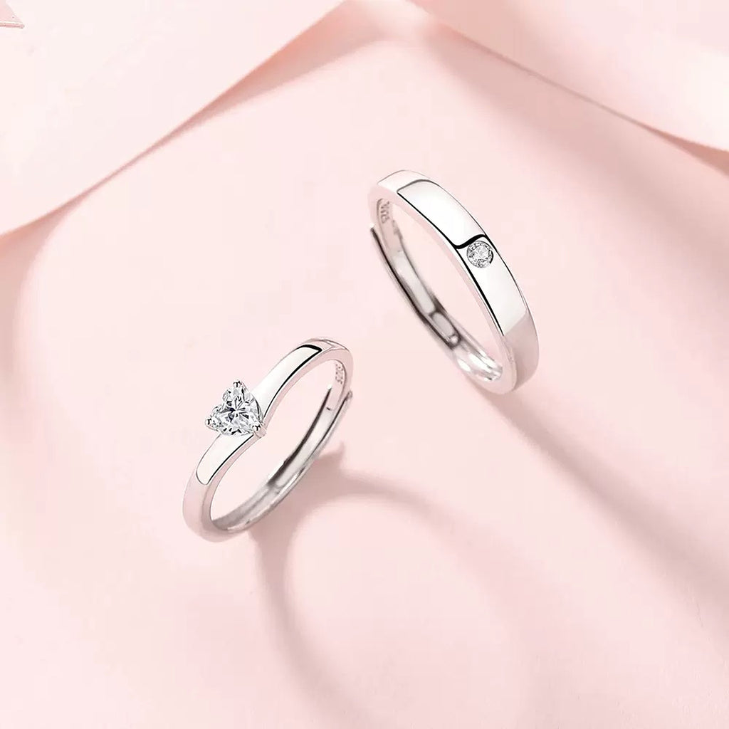 Pure Promise Ring Set, heart-shaped stone ring and matching band in S925 sterling silver on soft pink
