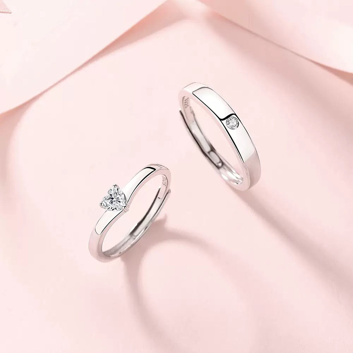Pure Promise Ring Set, heart-shaped stone ring and matching band in S925 sterling silver on soft pink