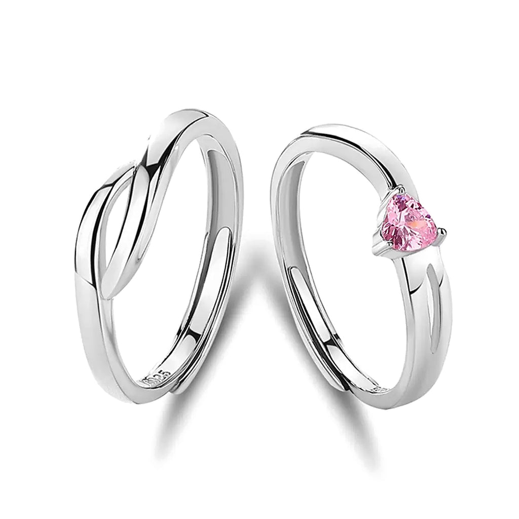 Pure Promise Ring Set in Blush Pink, pink heart-shaped stone ring with a matching leaf-shaped band on a white background