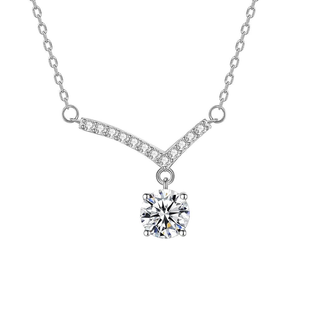 Aurora V Moissanite Necklace, V-shaped bar of small stones with a round moissanite drop on a white background
