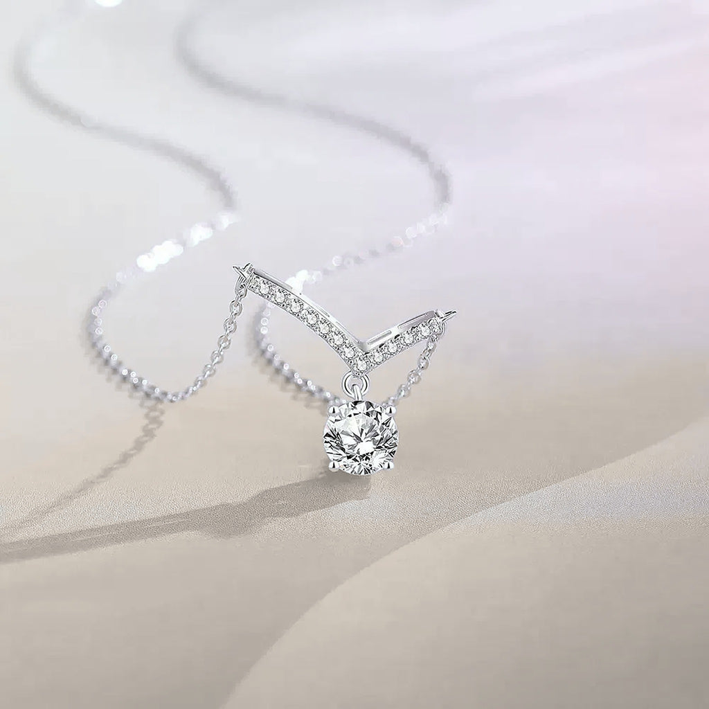 Aurora V Moissanite Necklace, V-shaped necklace with a single round moissanite on a fine silver chain