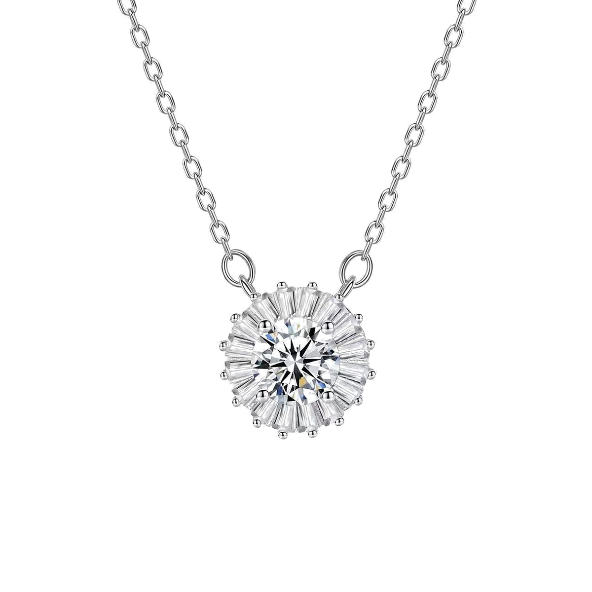 Aurora Halo Moissanite Necklace, round moissanite surrounded by a baguette-cut halo in S925 sterling silver