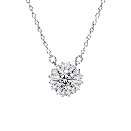 Aurora Halo Moissanite Necklace, round moissanite surrounded by a baguette-cut halo in S925 sterling silver