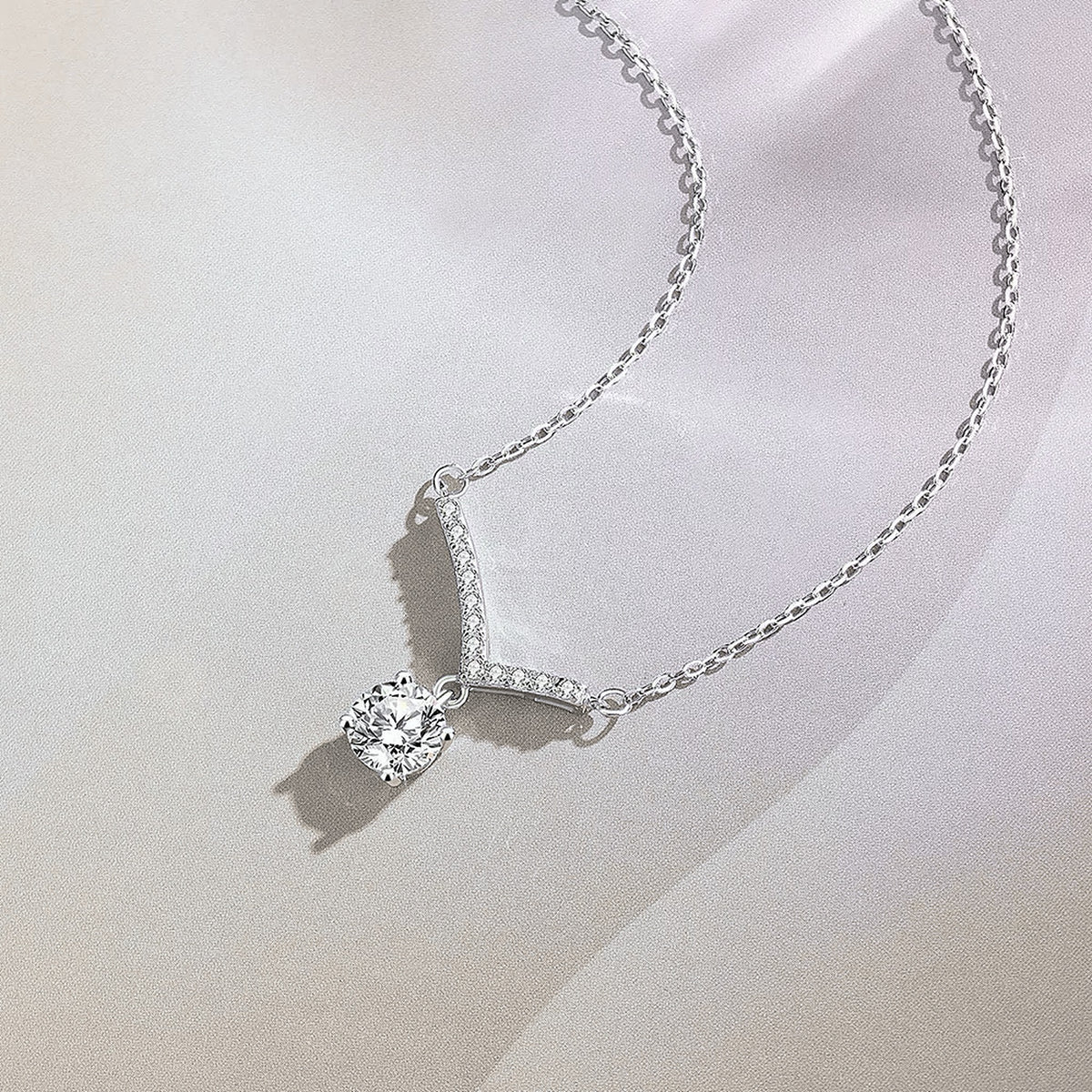 Aurora V Moissanite Necklace, minimalist V pendant with a round moissanite centrepiece
