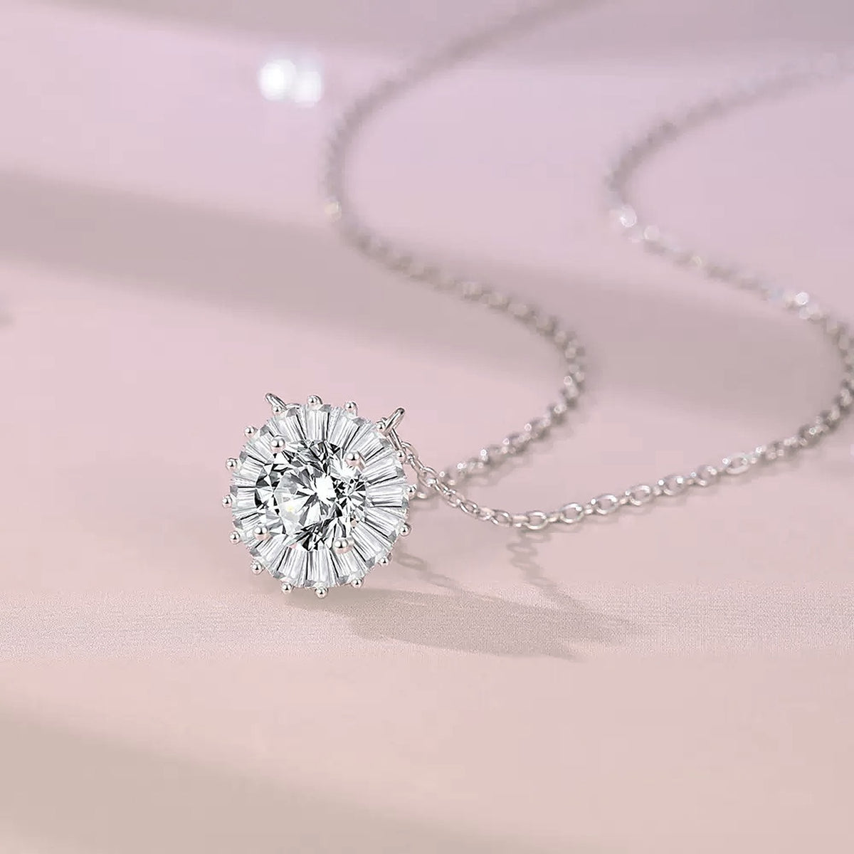 Aurora Halo Moissanite Necklace, round moissanite with a halo of baguette-cut stones on a fine silver chain