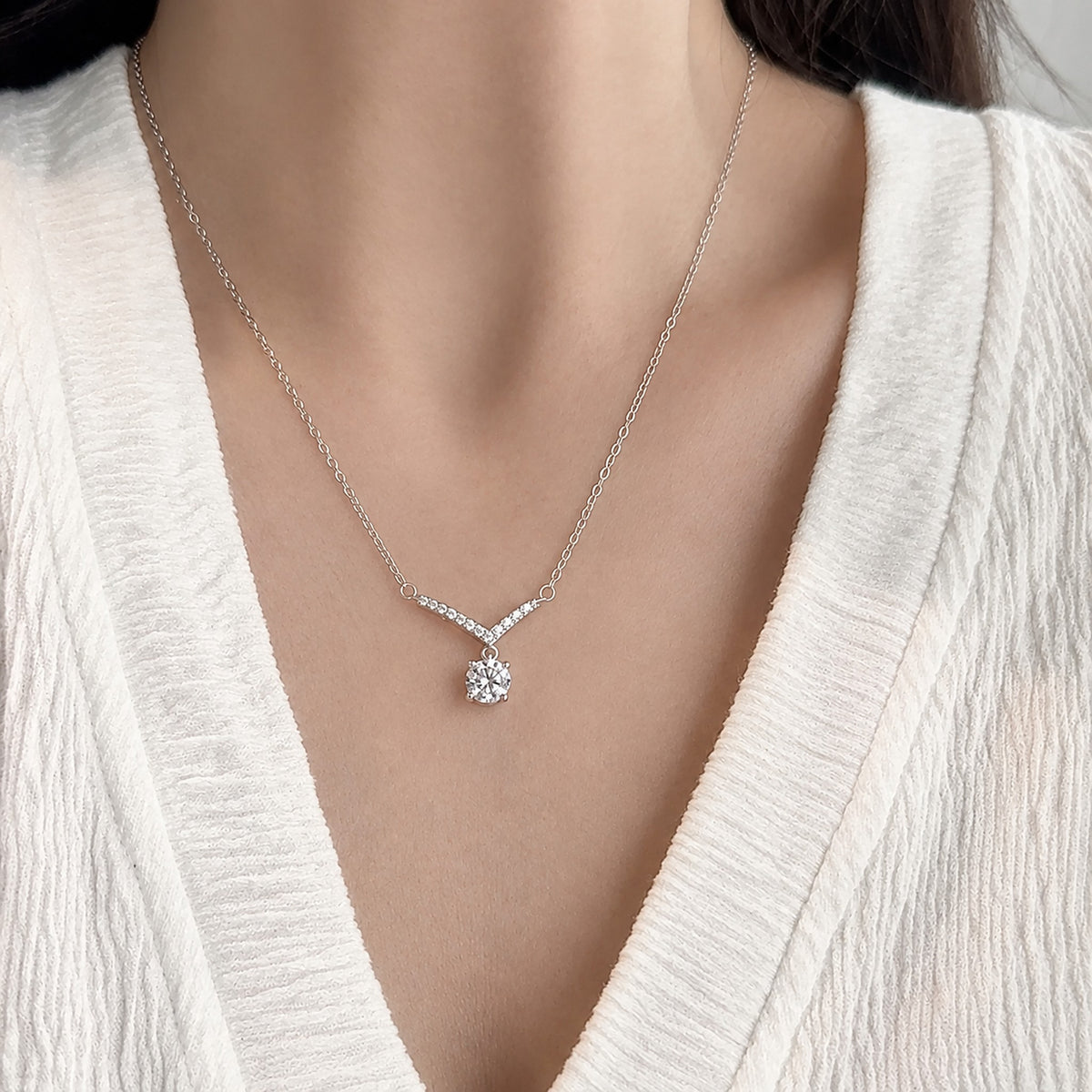 Aurora V Moissanite Necklace, V-shaped bar of small stones with a round moissanite drop in S925 sterling silver