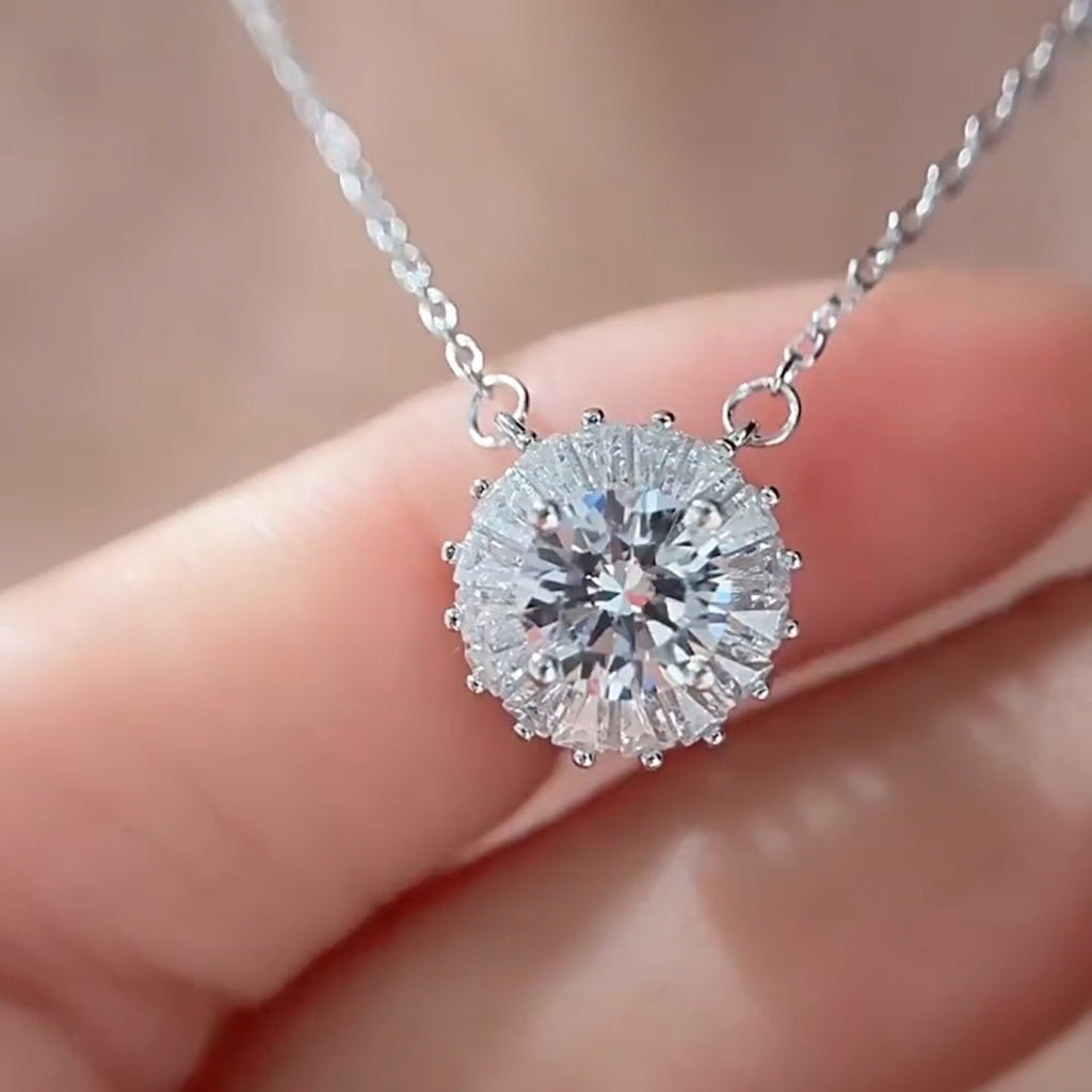 Aurora Halo Moissanite Necklace, halo pendant with a round centre stone on a sterling silver chain