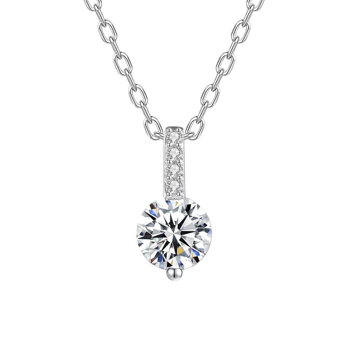 Luna Solitaire Moissanite Necklace, round moissanite pendant with a bar of four small stones on a white background