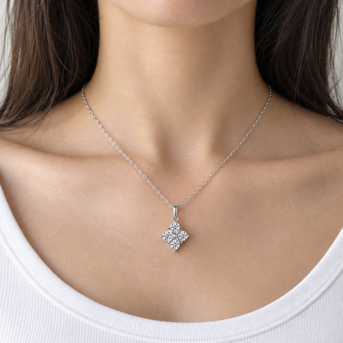 Aurora Clover Moissanite Necklace, clover pendant with four moissanite stones on a fine silver chain