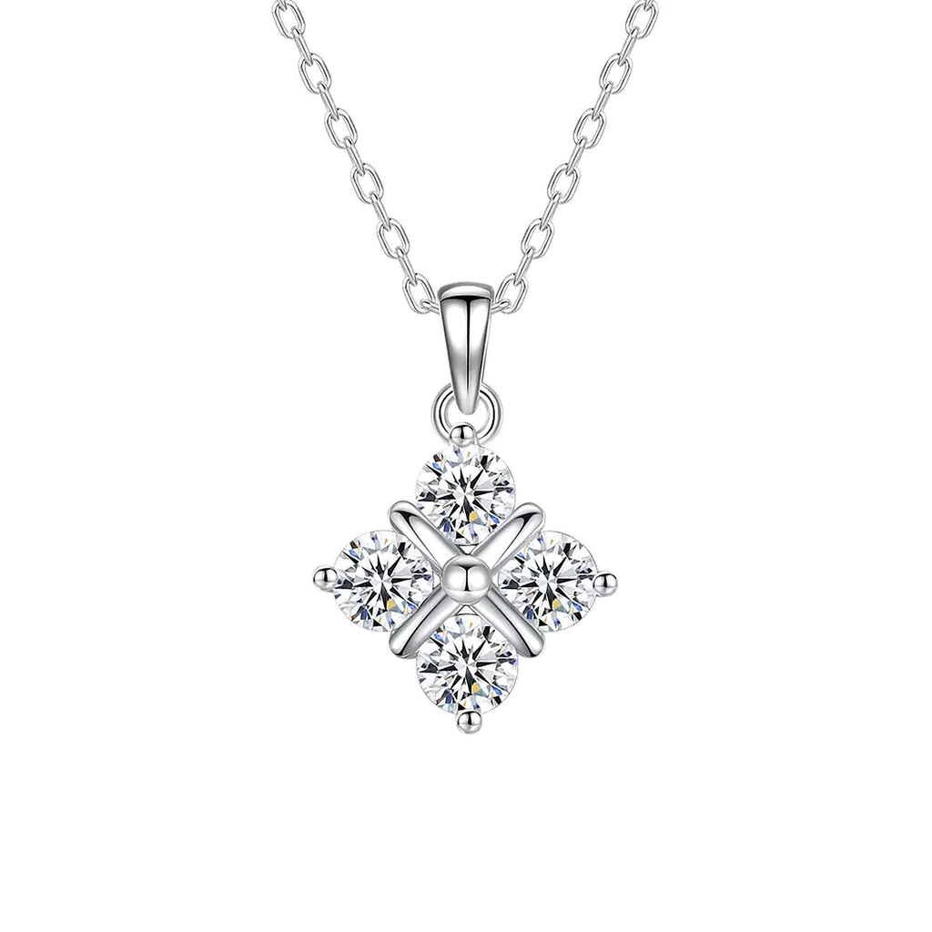 Aurora Clover Moissanite Necklace, four-petal clover pendant in S925 sterling silver on a white background