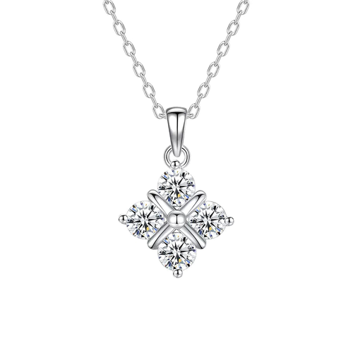 Aurora Clover Moissanite Necklace, four-petal clover pendant in S925 sterling silver on a white background